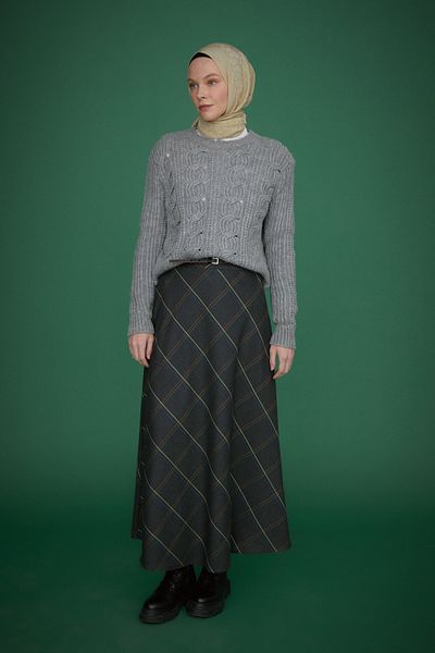 Nihan Smoked Plaid Flared Belted Skirt