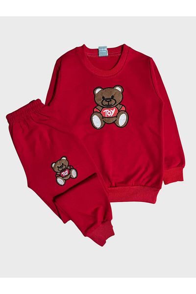 ALİŞ KİDS Girl's Cotton 2 Thread Raster Red Teddy Bear Print Long Sleeve Tracksuit Set