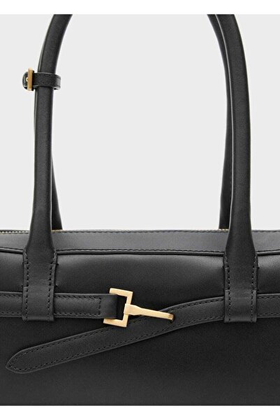 MANGO Woman 100% kožená bowlingová taška s přezkou