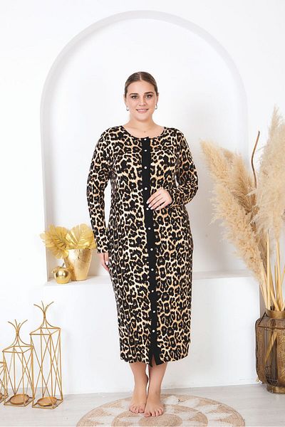 makkash Leopard Print Lycra Oversize Plus Size Tunic Nightgown - Front Button, Cotton