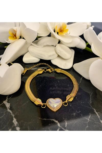MR Mother of Pearl Stone Heart Model Thick Italian Bracelet