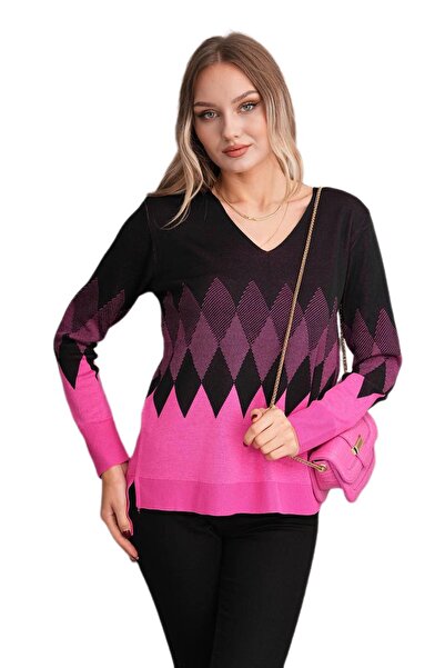 lavella Kadın V Yaka Baklava Desen Kazak 12807 BGL-ST04104