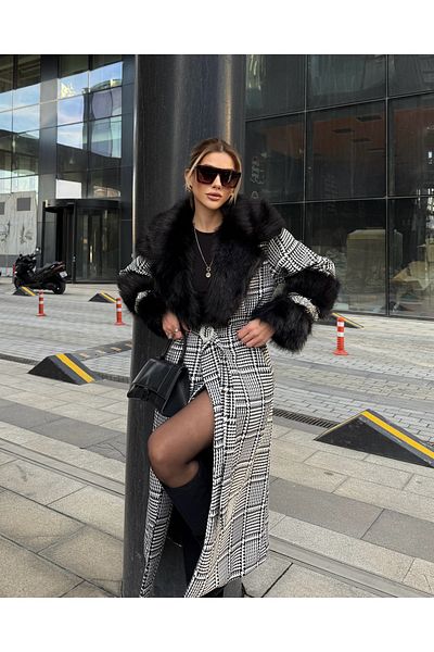 1Moda1Tarz Women's Imported Fabric Checkered Pattern Stone Fur Detail Belted Lined Special Design Coat