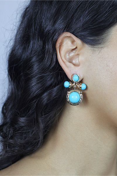 homet Gold Color Brass Turquoise Stone Traditional Earrings (1 Pair)