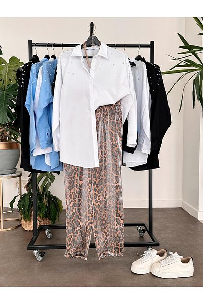 ASEL FASHİON Shiny Woven - Leopard Print Brown Trousers