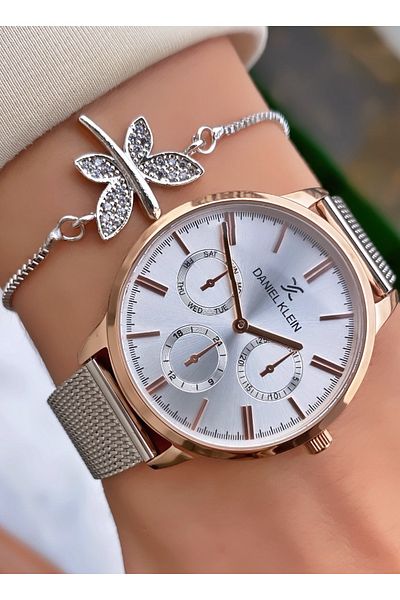Daniel Klein Brand Rose Silver Color Women's Wristwatch - Bracelet Gift