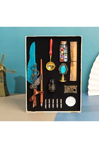 Menuzer Retro Çift Divit Kalemli Tüylü Hediyelik Kaligrafi Seti Divit Büyük Kalem Seti