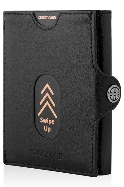 Trusador Valencia Μαύρο νόμισμα με τσέπη Unisex Γνήσιο δέρμα Rfid Protect Ανδρικό Γυναικείο Μίνι πορτοφόλι