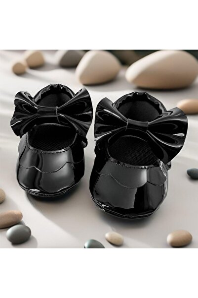 MY MINIE Kız Bebek Makosen Ayakkabı Siyah Rugan Fiyonklu Lastikli Ilk Adım Ay...