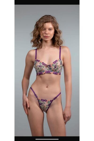 ROZENİN LINGERIE Μωβ Πράσινη Δαντέλα Σετ σουτιέν από τούλι χωρίς καπάκι (ΣΟΥΤΙΕΝ ΣΤΡΙΝΓΚ)