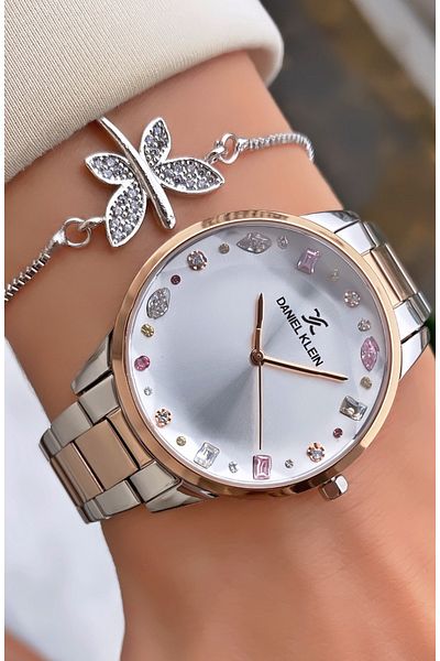 Daniel Klein Brand Rose Silver Color Women's Wristwatch - Bracelet Gift