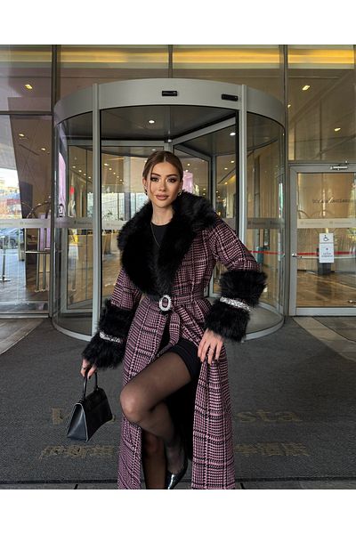 1Moda1Tarz Women's Fabric Checkered Pattern Stone Fur Detail Belted Lined Special Design Coat