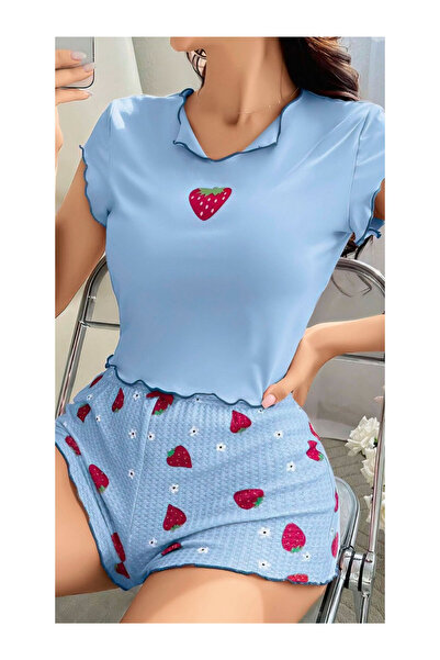 SOFT PA Giyim Kadın Çilek Desenli Marul  Kısa Kollu Üst ve Şort Pijama Takımı