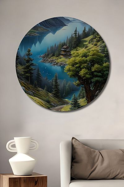Teona Ahşap Peisaj de munte Decorativ din lemn MDF Casă rotundă, pictură murală la locul de muncă