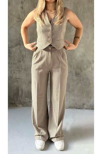 Asfa Moda Beige Dark Mini Plaid Vest-Palazzo Pants Woven Bottom Top Suit