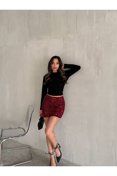 maf collection Fusta mini cu paiete burgundy de damă