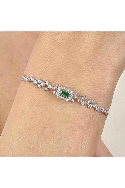Mia Vento Pırlanta Montür Işıltılı Emerald Sentetik Zümrüt Gümüş Bileklik