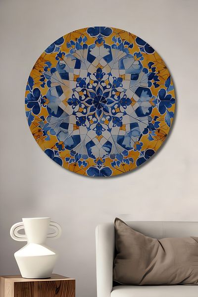 Teona Ahşap Motiv floral albastru decorativ din lemn MDF rotund pentru casa, pictura pe perete la locul de munca