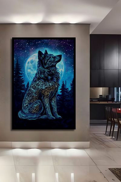Teona Ahşap Wolf By Moonlight Lemn MDF Dreptunghi Decorativ Acasă, Locul de Muncă Pictură Perete