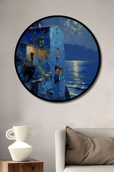 Teona Ahşap Blue By Moon House Decorativ din lemn MDF Casă rotundă, pictură murală la locul de muncă