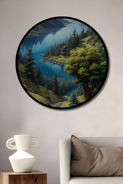Teona Ahşap Peisaj de munte Decorativ din lemn MDF Casă rotundă, pictură murală la locul de muncă