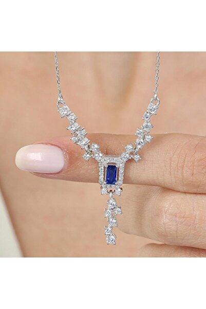 Mia Vento Pırlanta Montür Işıltılı Emerald Sentetik Safir Gümüş Kolye