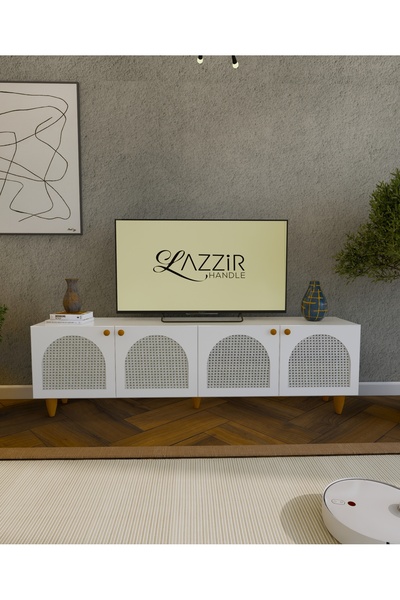 lazzir handle MDF Bohem Televizyon Ünitesi-Beyaz Hazeranlı rattan 4 kapaklı Y...