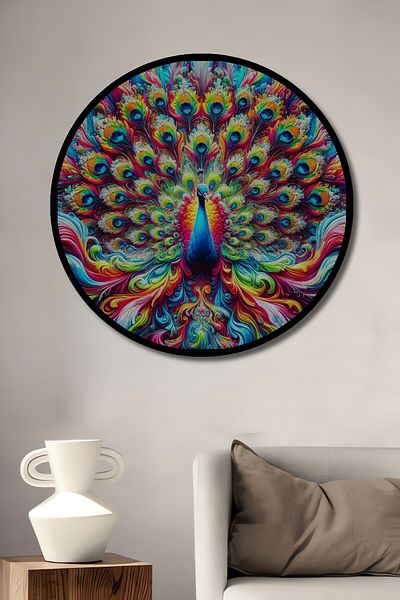 Teona Ahşap Păun colorat decorativ din lemn MDF rotund pentru acasă, pictură murală la locul de muncă