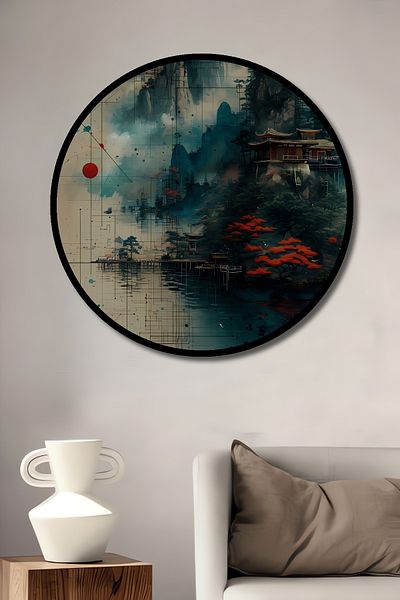 Teona Ahşap Casa rotundă din lemn MDF decorativă cu vedere în Asia, pictură murală la locul de muncă