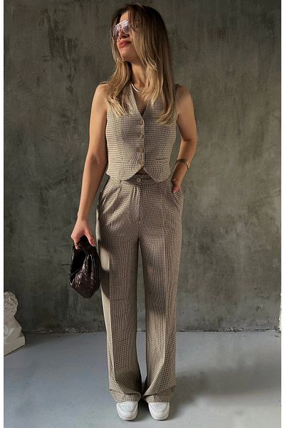 Asfa Moda Beige Dark Mini Plaid Vest-Palazzo Pants Woven Bottom Top Suit