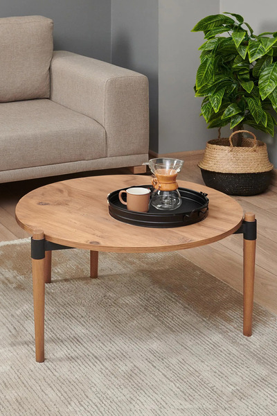 DEKOPRATİK - Zone Yuvarlak Orta Sehpa - Ahşap Ayaklı Bohem Tarz