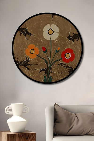 Teona Ahşap Casa rotunda din lemn MDF decorativ cu trei flori, pictura pe perete la locul de munca