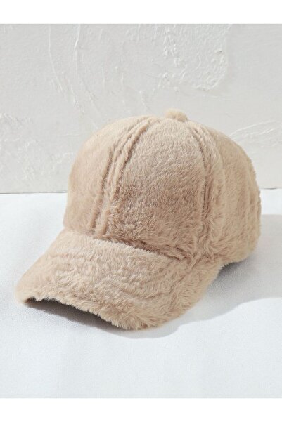 Melodi Scarf Kadın Kışlık Peluş Baseball Kep Şapka Bej Rengi