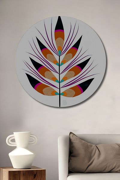 Teona Ahşap Casă rotundă din lemn MDF decorativ cu pene colorate, pictură murală la locul de muncă