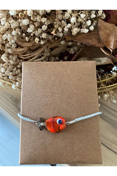 BAE ATOLYE Turuncu Cam  Balık Murano Asansör Gri İp Bileklik