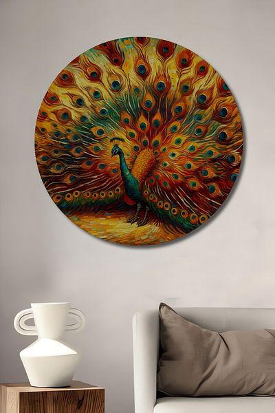 Teona Ahşap Păun colorat din lemn MDF rotund decorativ pentru casă, loc de muncă pictură murală