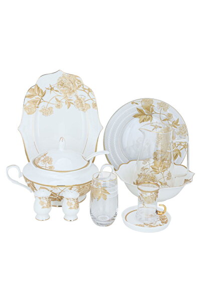 Alsaif Gallery White porcelain dining set with golden woodland pattern, 61 pieces