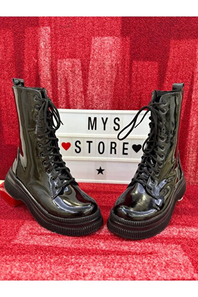 MYSSTORE Kadın Bagcıklı İçi Yünlü Parlak Uzun Siyah Bot