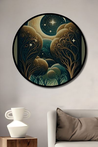 Teona Ahşap Pădure magică la lumina lunii, casă rotundă din lemn MDF decorativ, pictură murală la locul de muncă
