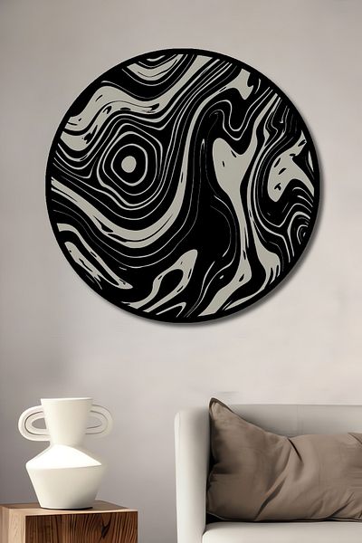 Teona Ahşap Negru Alb Model Wave Decorativ Lemn MDF Rotund Acasă, Locul de Muncă Pictură Perete