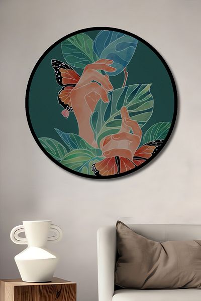 Teona Ahşap Casa rotundă din lemn MDF decorativă cu natură și fluture, pictură murală la locul de muncă