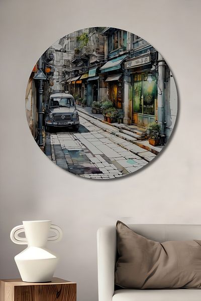 Teona Ahşap Casă decorativă rotundă din lemn MDF nostalgic pe străzi istorice, pictură murală la locul de muncă