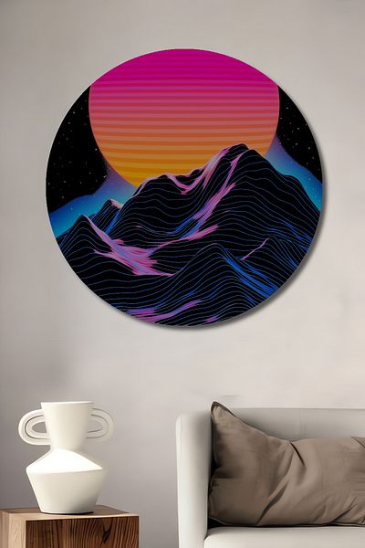 Teona Ahşap Peisaj de munte însorit cu neon, casă rotundă din lemn MDF, pictură murală la locul de muncă