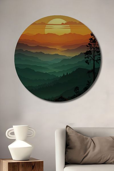 Teona Ahşap Peisaj de munte învingat de soare din lemn MDF rotund decorativ pentru casă, pictură murală la locul de muncă