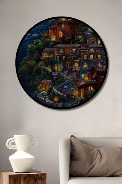 Teona Ahşap Casa rotundă din lemn MDF decorativă cu vedere la noapte strălucitoare, pictură murală la locul de muncă