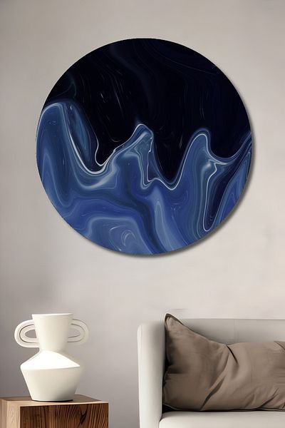 Teona Ahşap Artă abstractă albastră ondulată, decorativă din lemn MDF, pictură rotundă pentru locuință, loc de muncă