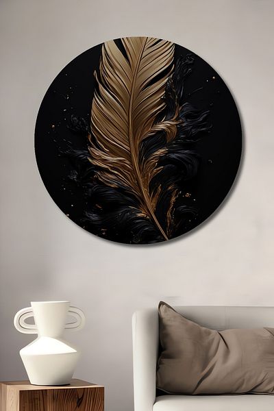 Teona Ahşap Pictură de perete rotundă din lemn MDF decorativ cu pene aurii