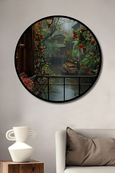 Teona Ahşap Nostalgic Riverside Coffee Enjoyment Decorativ Lemn MDF Casă rotundă, Loc de muncă Pictură murală