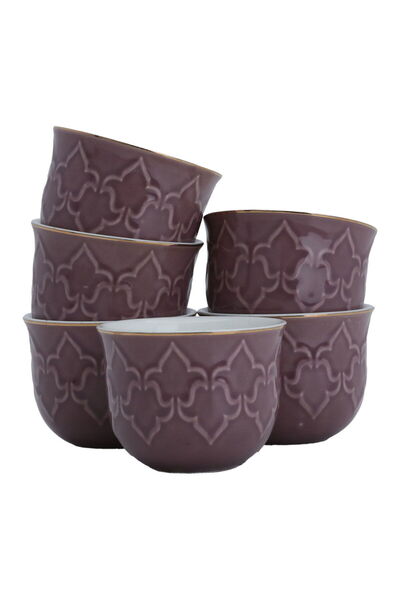 Alsaif Gallery A set of purple porcelain Arabic coffee cups with a golden fon...