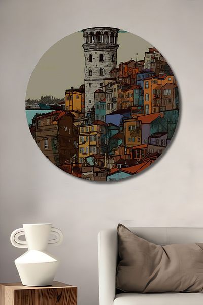 Teona Ahşap Turnul Galata din lemn colorat MDF rotund decorativ pentru casa, loc de munca pictura pe perete